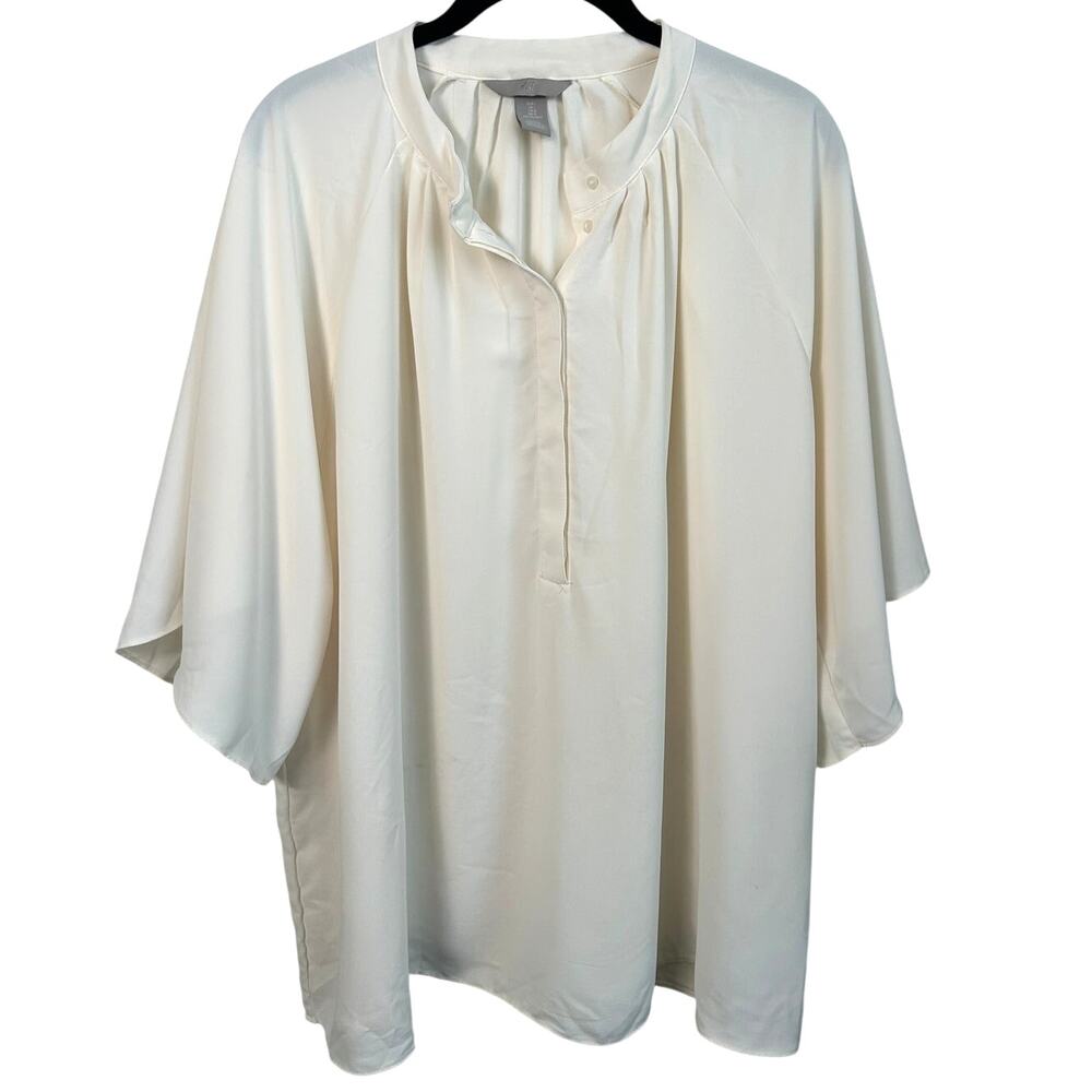 H&M Cream Split Collar Oversized Blouse Size L Button Front Flowy Top Off White